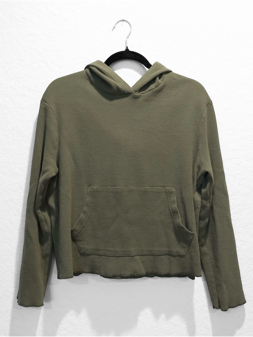 Pact Organic Cotton Cropped Waffle Knit Hoodie Size M Olive Green Pocket